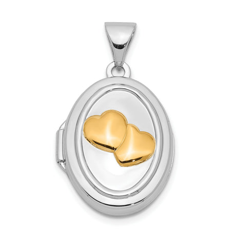 Gold Plated 17mm Two Hearts Oval Locket Charm Pendant in Real 925 Sterling SIlver