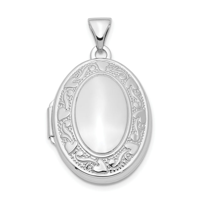 Sterling Silver Oval Locket Pendant with Heart Border and Filigree Swirl Design
