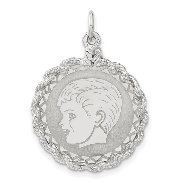 Engravable Boy Polished Front Satin Back Disc Charm Pendant in Real 925 Sterling Silver