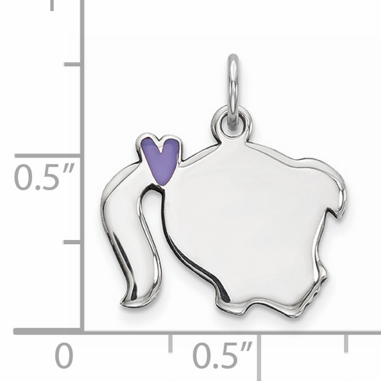 Sterling Silver Girl Pendant with Ponytail and Purple Heart Accent, Right-Facing Silhouette Charm