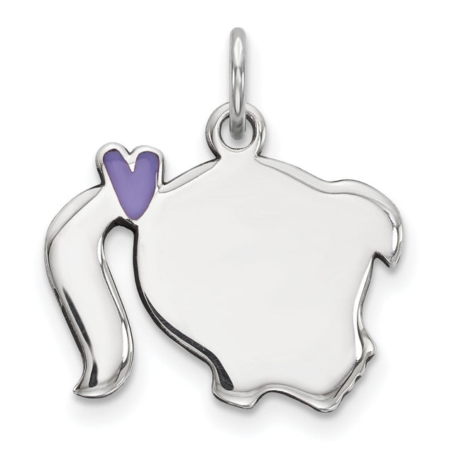 Sterling Silver Girl Pendant with Ponytail and Purple Heart Accent, Right-Facing Silhouette Charm