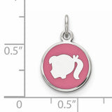 Sterling Silver Pendant with Girl Silhouette and Pink Enamel Background, Round Charm Design
