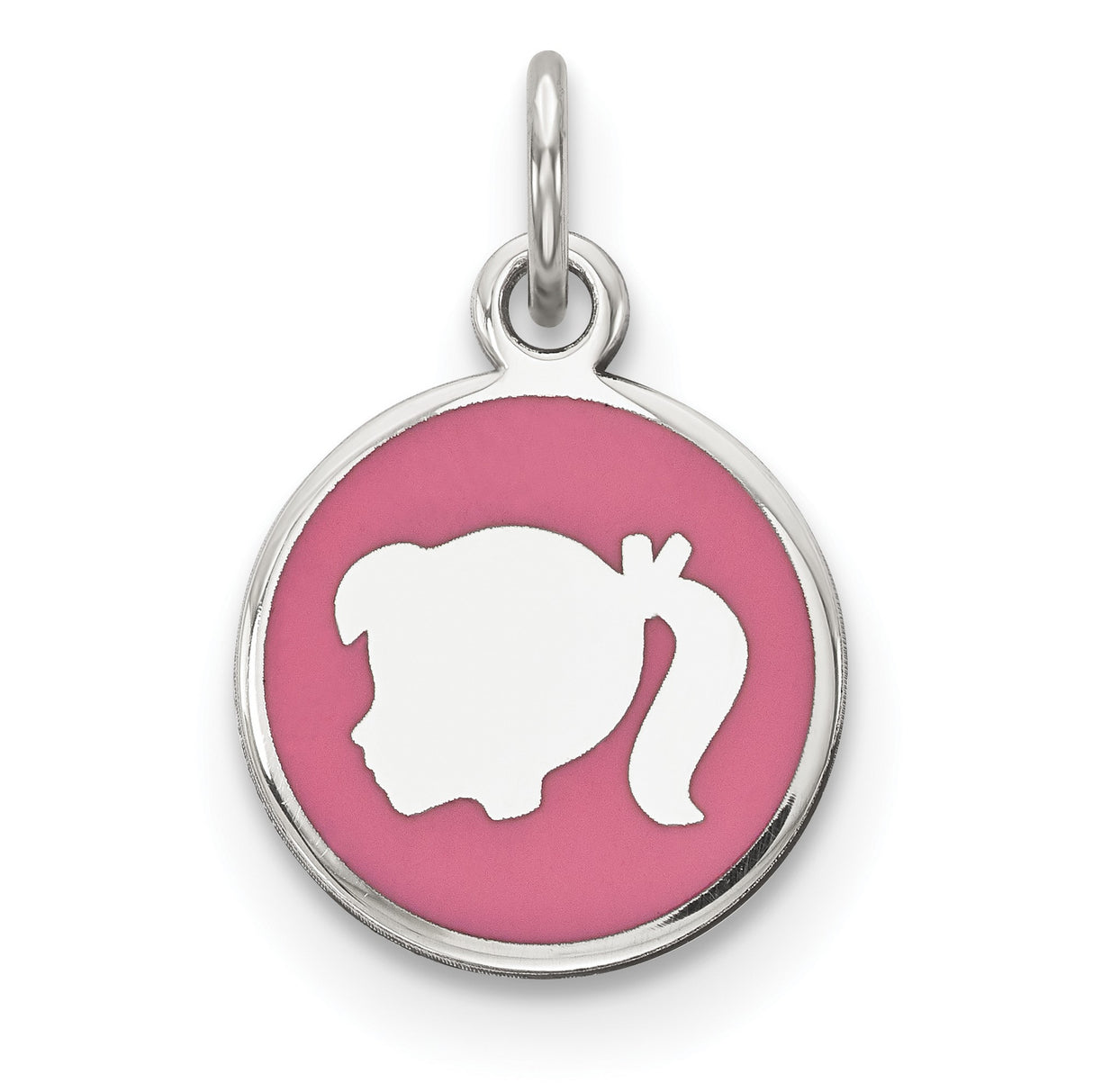 Sterling Silver Pendant with Girl Silhouette and Pink Enamel Background, Round Charm Design
