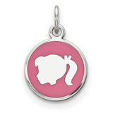 Sterling Silver Pendant with Girl Silhouette and Pink Enamel Background, Round Charm Design