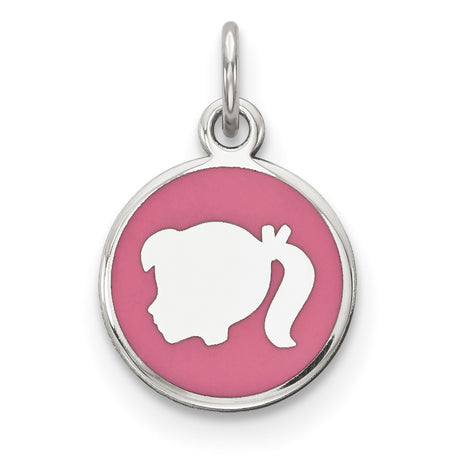 Sterling Silver Pendant with Girl Silhouette and Pink Enamel Background, Round Charm Design