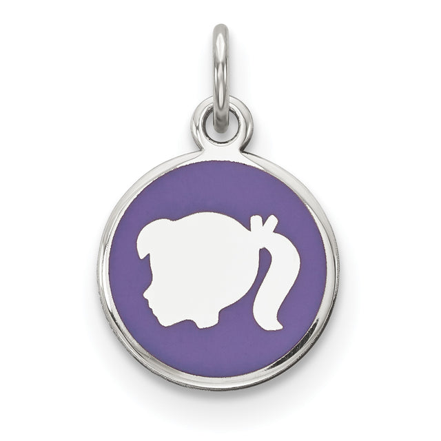 Sterling Silver Girl Profile Pendant with Purple Enamel, Left Facing Silhouette Charm