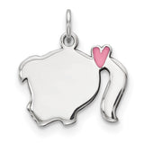 Sterling Silver Girl Head Profile Pendant with Pink Heart Bow Silhouette Charm