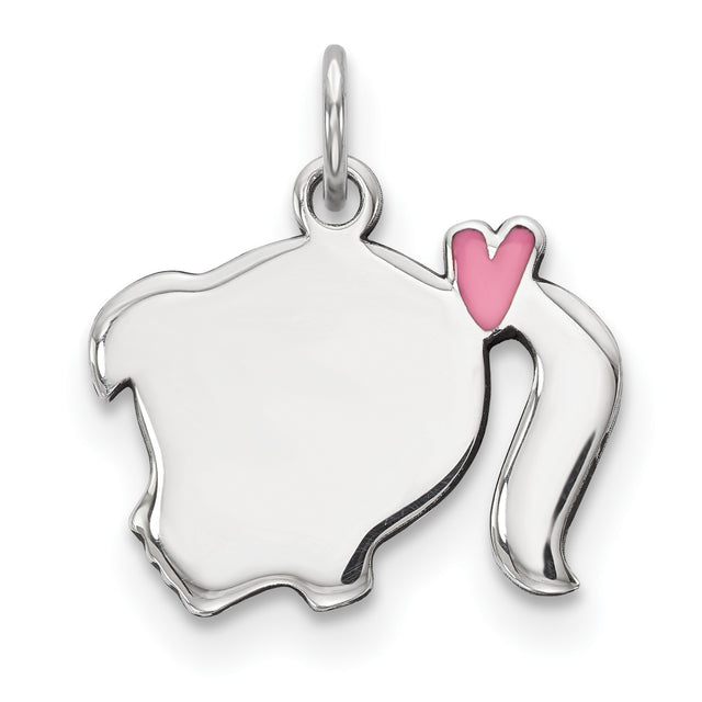 Sterling Silver Girl Head Profile Pendant with Pink Heart Bow Silhouette Charm