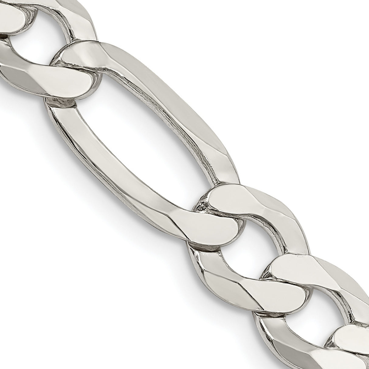 925 White Gold 9.5 mm Figaro Chain Necklace, Polished detail view