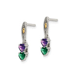 Sterling Silver and 14k Yellow Gold Dangle Earrings with Green and Purple Heart Gemstones, Mom Charm