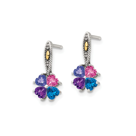 Two Tone Silver Clover Stud Earrings 14K Gold Birthstones