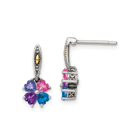 Two-Tone Floral Stud Earrings for Women with Multicolor Heart Birthstones, Four-Leaf Clover Design in Textured Silver and 14k Gold Accents, Vintage Style Mixed Metal Symbolic Jewelry Studs