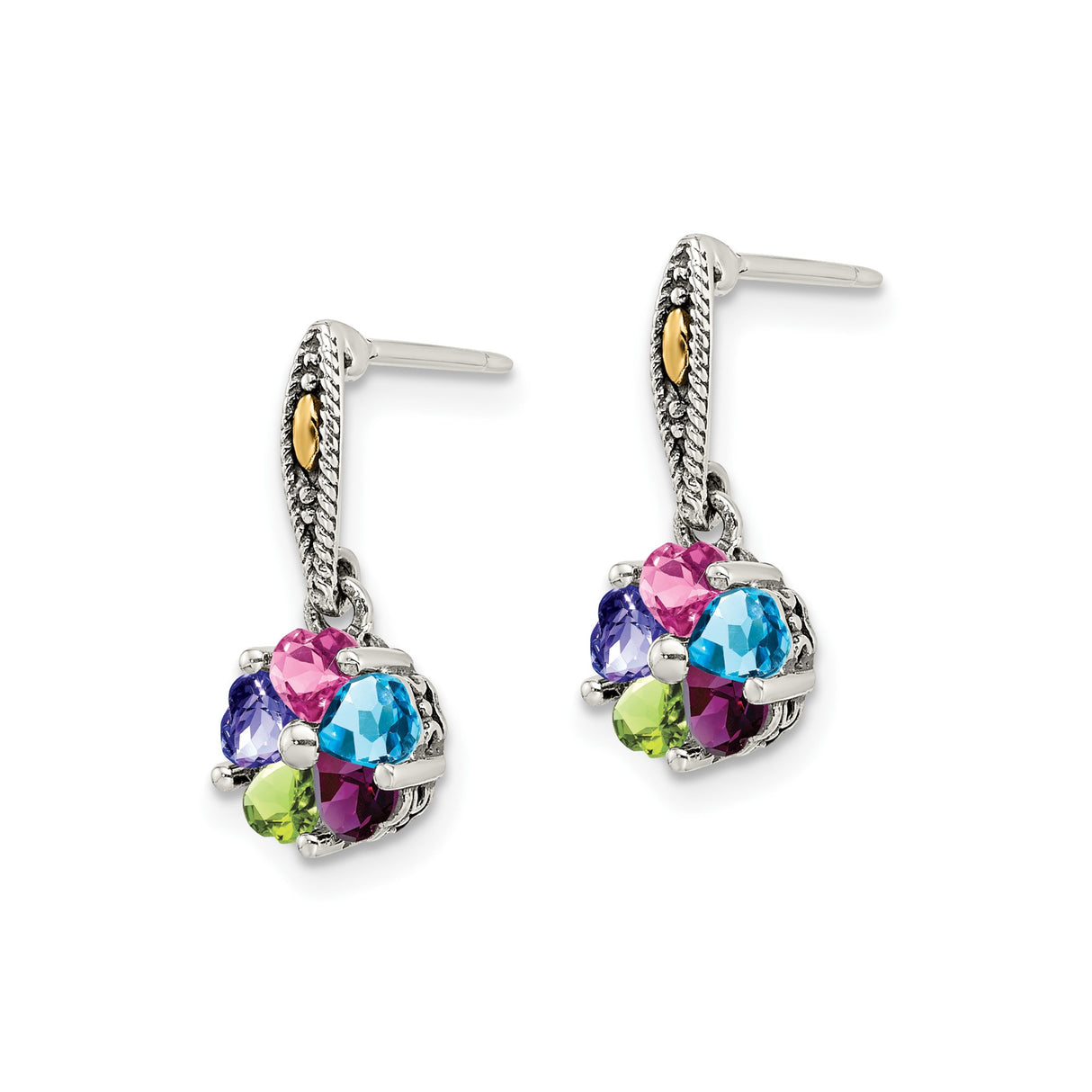 14k Two-Tone Gold Dangle Earrings with Multi-Color Gemstones, Floral Filigree Design