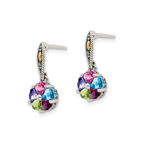 14k Two-Tone Gold Dangle Earrings with Multi-Color Gemstones, Floral Filigree Design