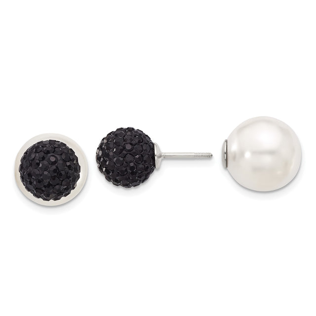 Sterling Silver Double-Sided Stud Earrings with Shell and Black Crystal, Reversible Design for Women