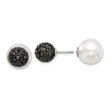 Sterling Silver Reversible Stud Earrings with Shell and Black Crystal, Modern Classic Style
