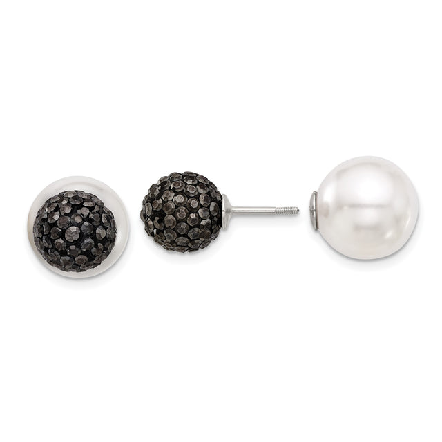 Sterling Silver Reversible Stud Earrings with Shell and Black Crystal, Modern Classic Style