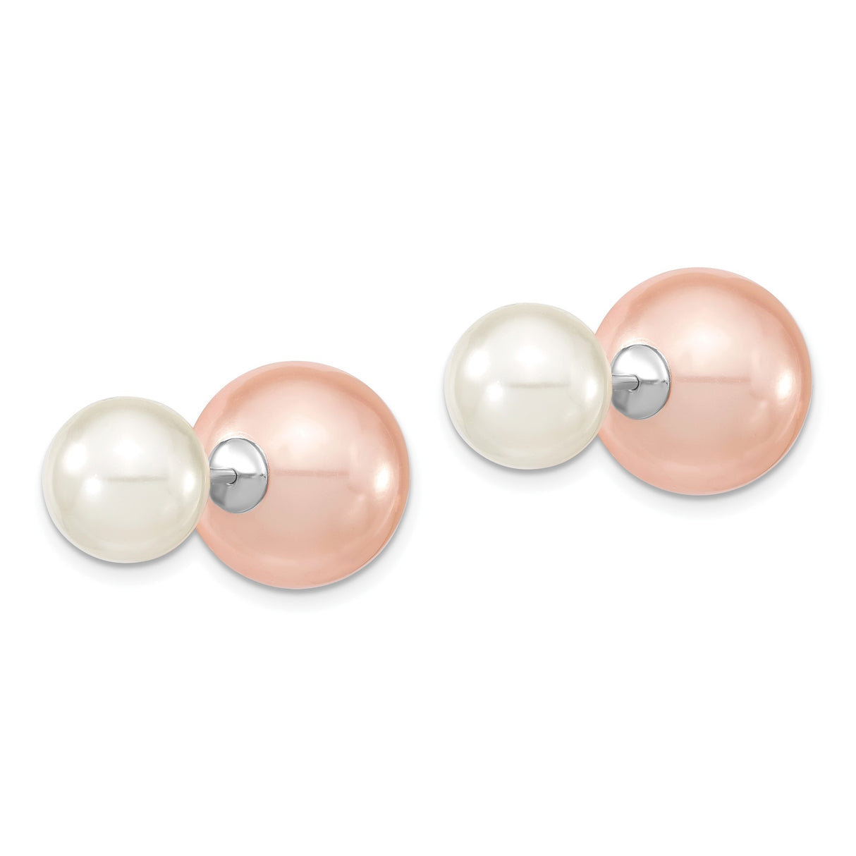 Sterling Silver Double Pearl Stud Earrings with White and Pink Shell Beads, Modern Two-Sided Design