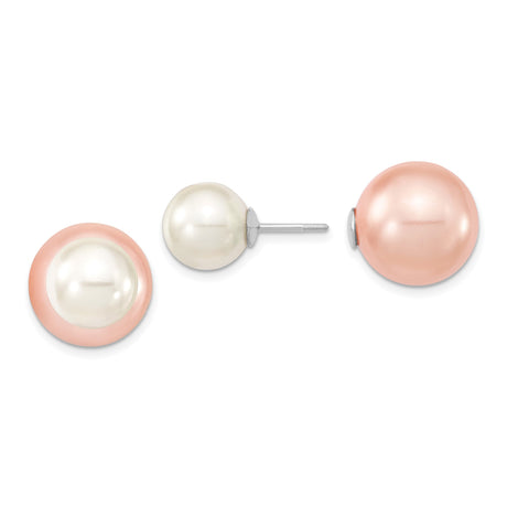 Sterling Silver Double Pearl Stud Earrings with White and Pink Shell Beads, Modern Two-Sided Design