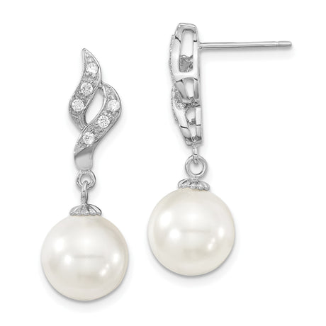 Sterling Silver Dangle Earrings with White Shell Drops and Cubic Zirconia Swirl Design