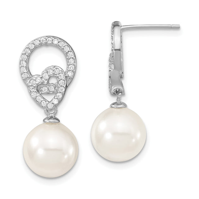 Sterling Silver Dangle Earrings with Shell, Cubic Zirconia, and Open Heart Circle Design