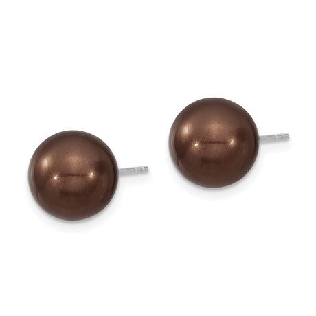 Sterling Silver Stud Earrings with Brown Shell Pearls, Polished Minimalist Style for Women