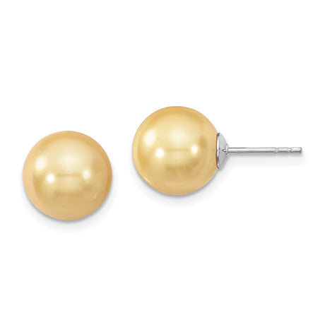 Sterling Silver Stud Earrings with Round Golden Pearl Beads, Classic Gold Tone Studs for Women, Elegant Silver Jewelry for Formal or Everyday Wear, Smooth Shell Studs with Subtle Golden Luster