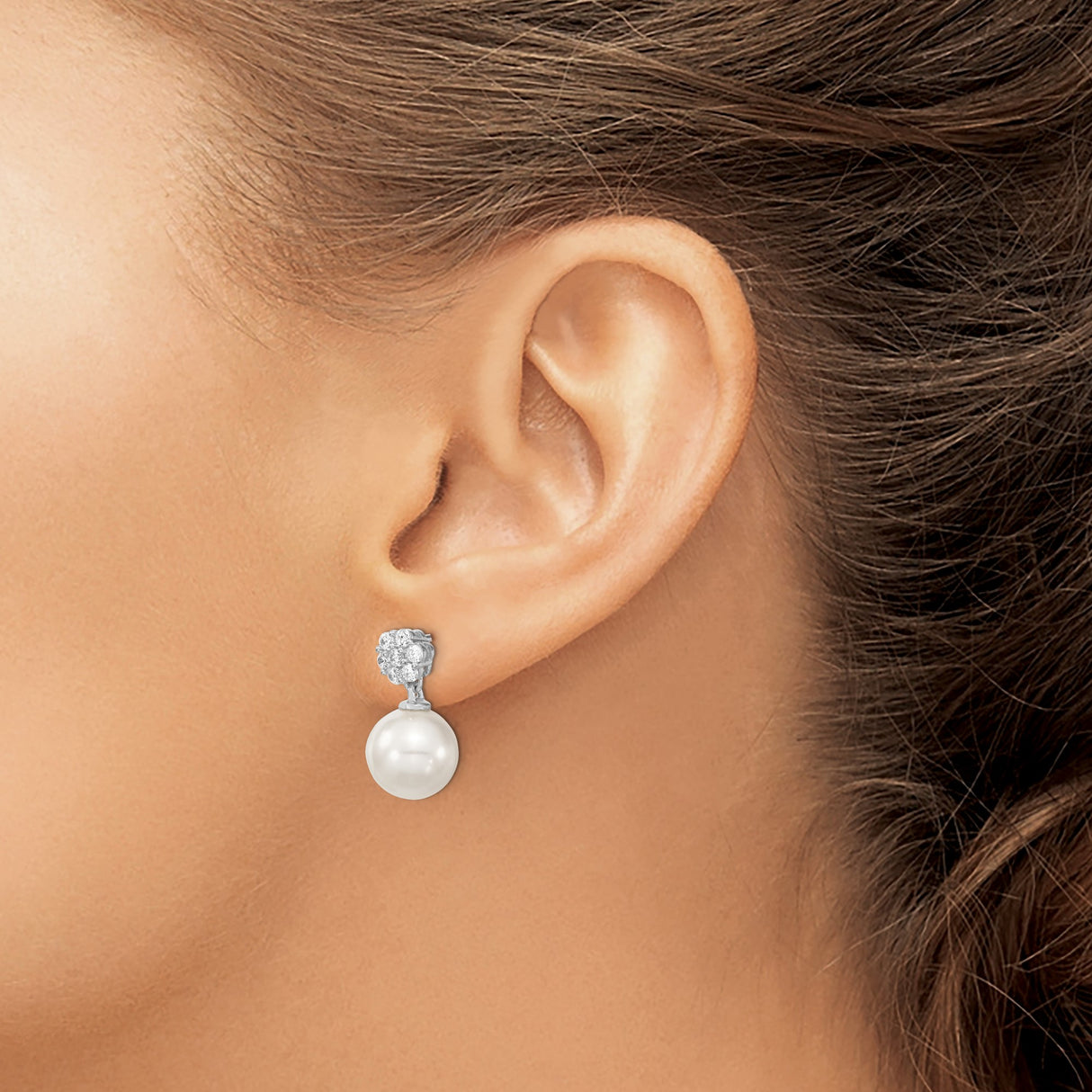 Sterling Silver Drop Earrings with White Shell Pearls and Cubic Zirconia Cluster