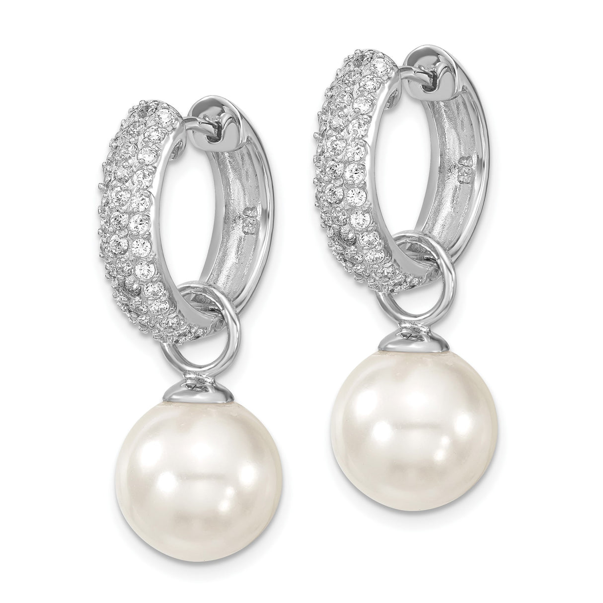 Sterling Silver Dangle Hoop Earrings with Cubic Zirconia and Shell Bead Charms