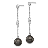 Sterling Silver Drop Earrings with Glossy Black Shell and Cubic Zirconia Chain Design