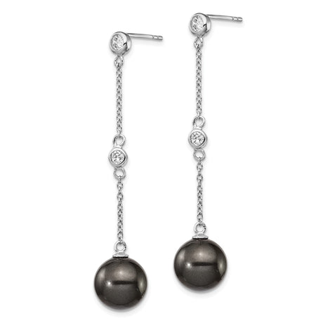 Sterling Silver Drop Earrings with Glossy Black Shell and Cubic Zirconia Chain Design