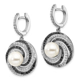 Sterling Silver Drop Earrings with Shell Center and Cubic Zirconia, Swirl Design, Bridal Jewelry