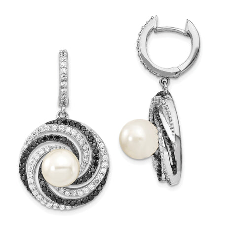 Sterling Silver Drop Earrings with Shell Center and Cubic Zirconia, Swirl Design, Bridal Jewelry