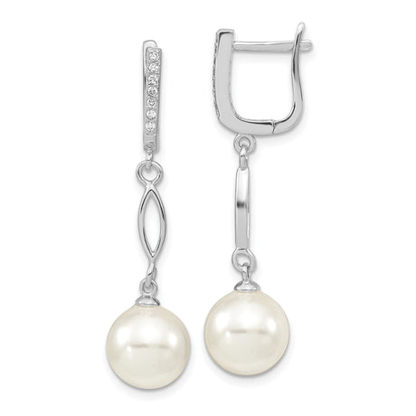 Sterling Silver Dangle Earrings with White Pearls and Cubic Zirconia, Marquise Drop Design