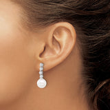 Sterling Silver Drop Earrings with White Round Shell Pearls and Cubic Zirconia Row