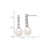 Sterling Silver Drop Earrings with White Round Shell Pearls and Cubic Zirconia Row