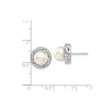 Sterling Silver Stud Earrings with White Shell Pearls and Halo Cubic Zirconia Accents