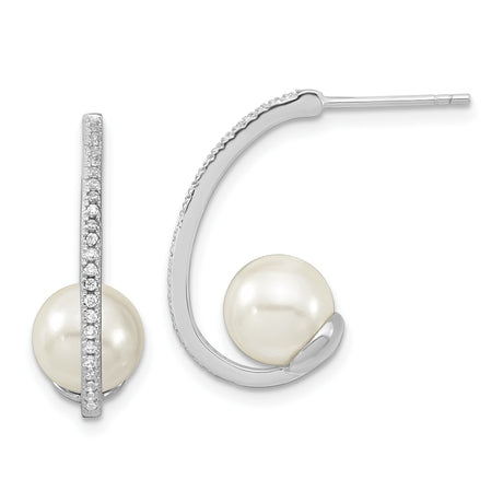 Sterling Silver Drop Earrings with White Shell and Cubic Zirconia, Modern Curved Design