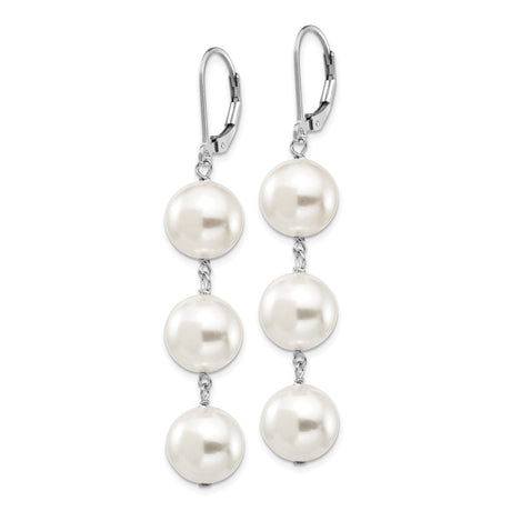 Sterling Silver Drop Earrings with White Faux Pearls, Rhodium Plated Dangle Design