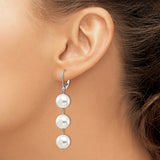 Sterling Silver Drop Earrings with White Faux Pearls, Rhodium Plated Dangle Design