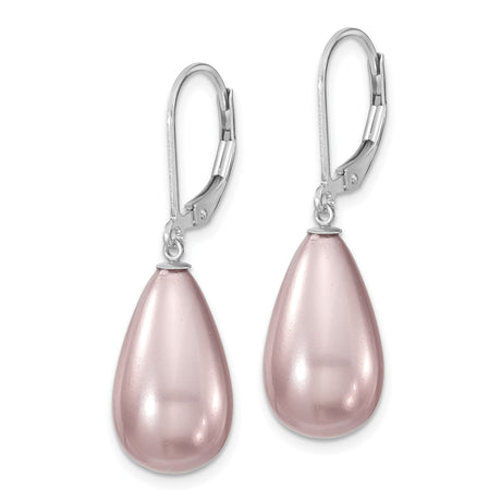 Sterling Silver Teardrop Leverback Earrings with Pink Shell, Dangle Drop Design for Women