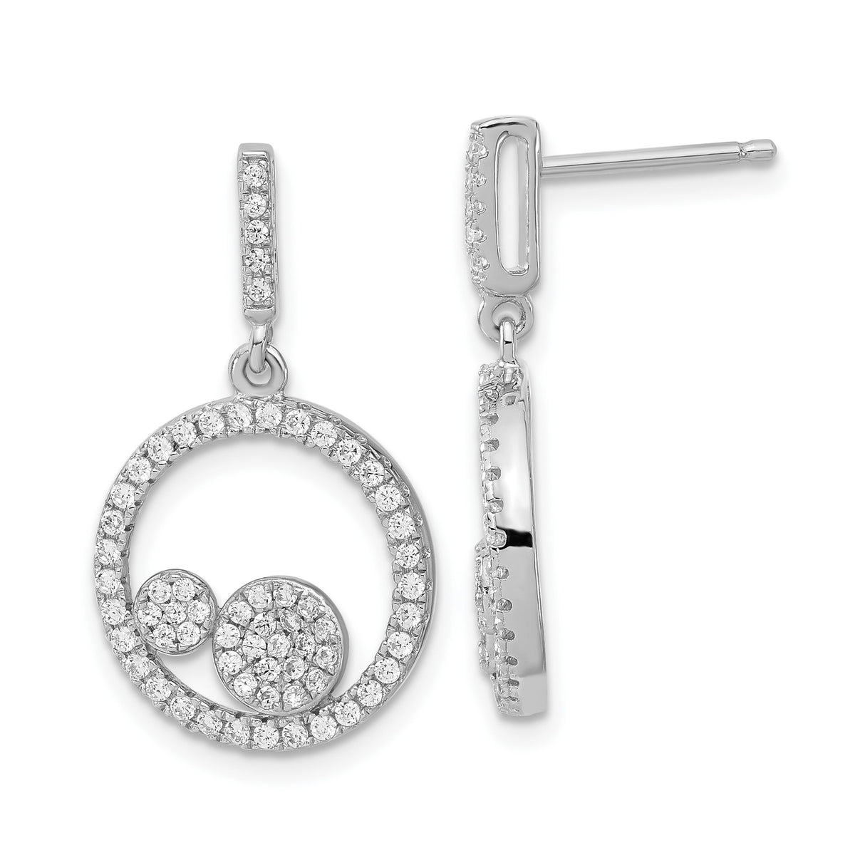 Sterling Silver Dangle Earrings with Cubic Zirconia, Double Circle Modern Drop Design