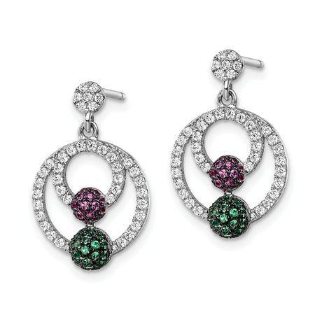 Sterling Silver Dangle Earrings with Cubic Zirconia, Pink and Green Crystal Pavé Circles