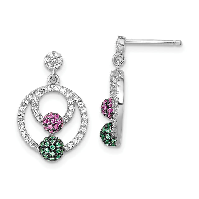 Sterling Silver Dangle Earrings with Cubic Zirconia, Pink and Green Crystal Pavé Circles