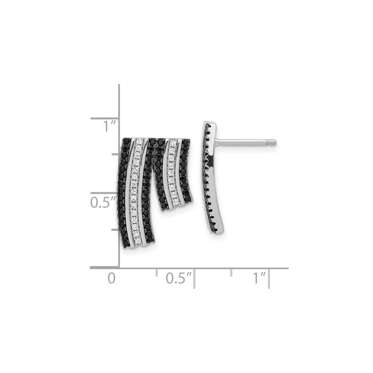 Sterling Silver Wave Earrings with Black and White Cubic Zirconia, Modern Post Style