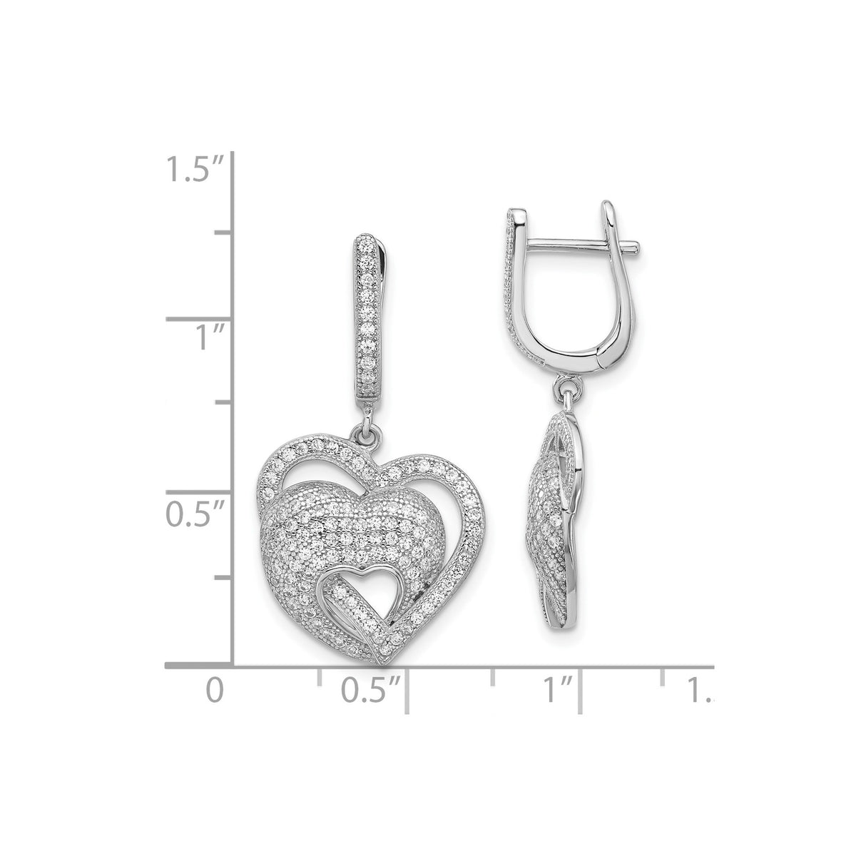 Sterling Silver Dangle Earrings with Cubic Zirconia, Intertwined Double Heart Design