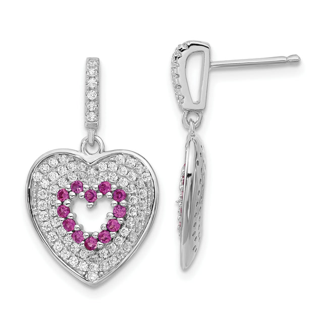 Sterling Silver Dangle Earrings with Pink Cubic Zirconia, Heart Shaped Double Heart Design for Women