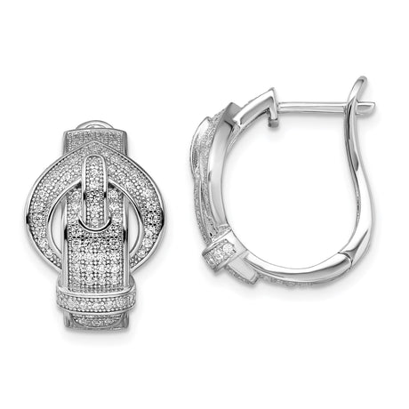 Sterling Silver Hoop Earrings with Cubic Zirconia, Belt Buckle Design, Hinged Closure