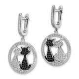 Sterling Silver Cat Drop Earrings with Cubic Zirconia, Intertwined Black and White Cat Design