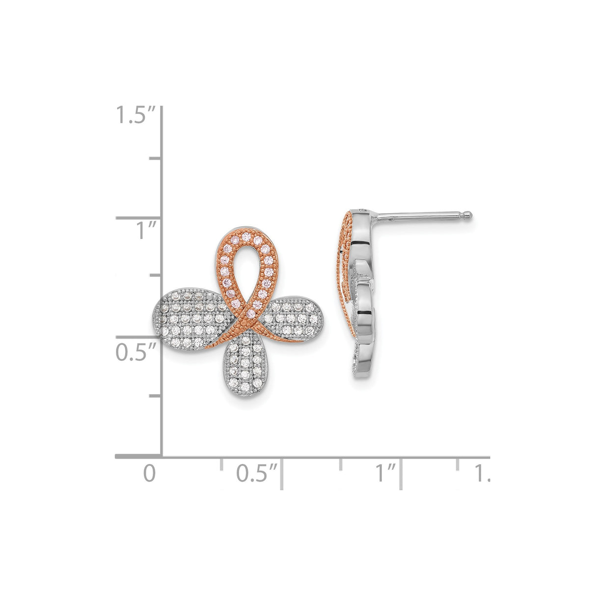 Sterling Silver Stud Earrings with Clear and Pink Cubic Zirconia, Ribbon and Petal Design